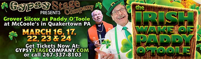 He’s Baaaaack! That’s right, Paddy O’Toole has returned and he’s raring to go! Join us March 16, 17, 22, 23, & 24 for The Irish Wake of Paddy O’Toole.
Paddy has passed away, but there’s a line waiting to get into the gates of heaven, so, in proper Paddy form, he decides to see what his friends are doing at his wake. From there, the wackiness ensues. Prepare yourself for an unforgettable evening filled with laughter, mischief, and pure delight!
This extraordinary event is fast becoming a cherished St. Paddy’s Day tradition at McCoole’s, and we can’t wait to have you join in the festivities.